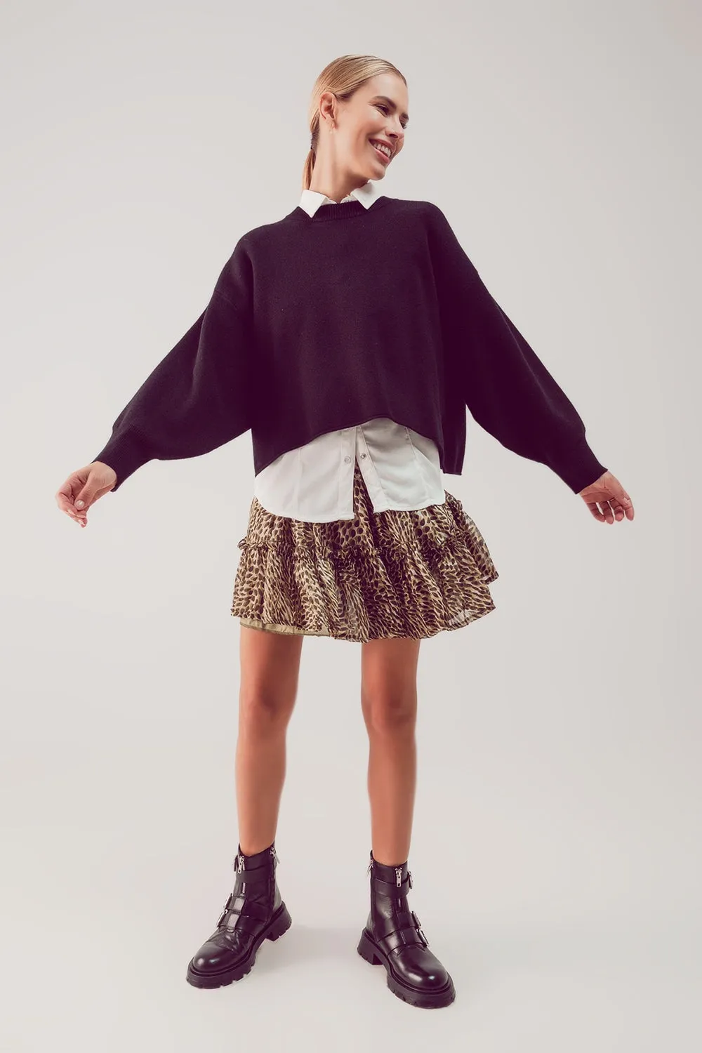 Balloon sleeve knitted jumper in black