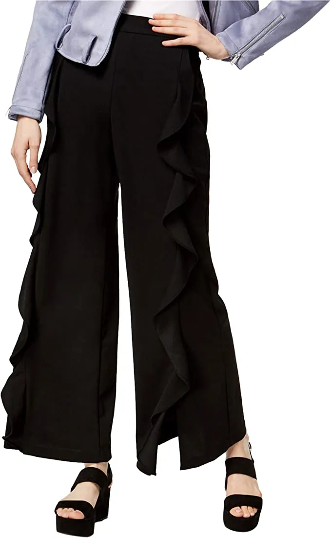 bar III Womens Ruffled Casual Wide Leg Pants, Black, Small