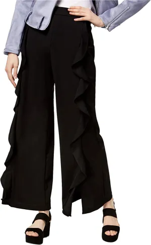 bar III Womens Ruffled Casual Wide Leg Pants, Black, Small