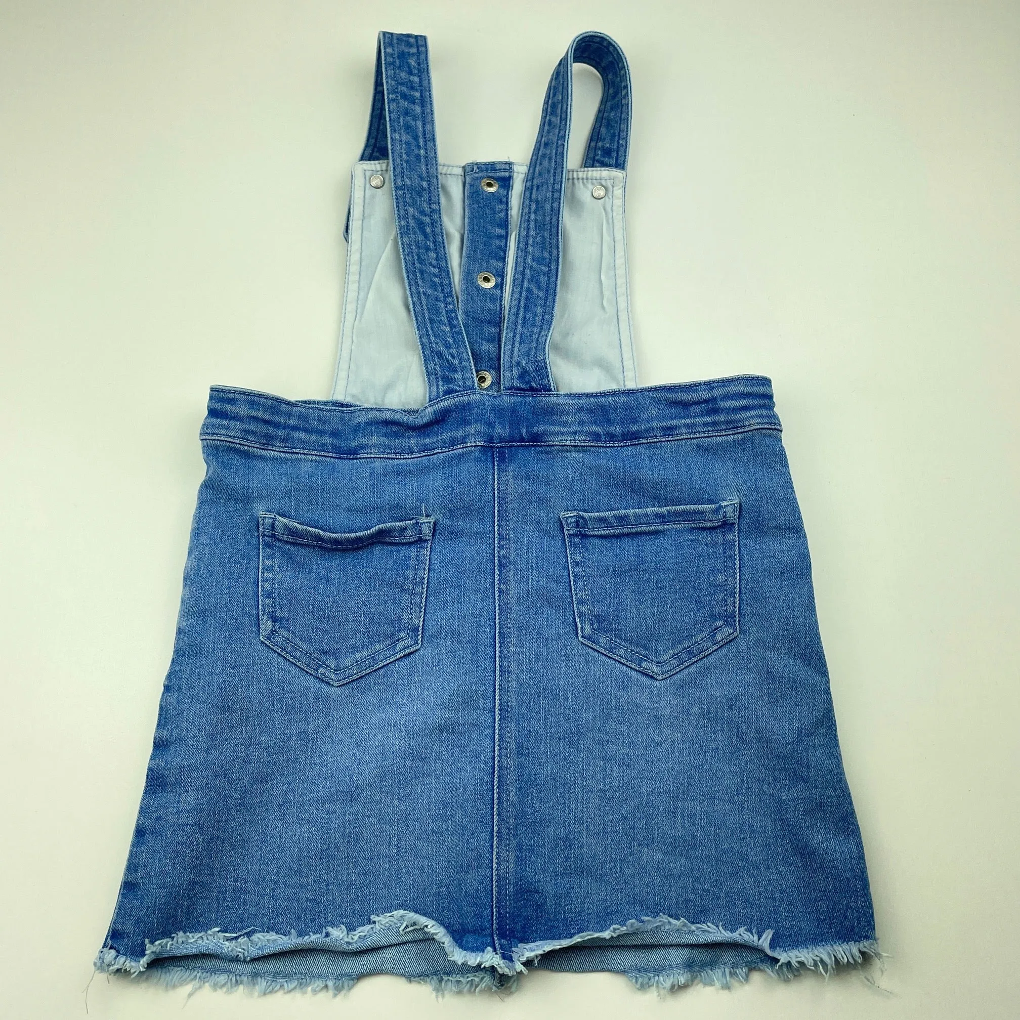 Bardot Junior blue stretch denim overalls dress / pinafore, small mark on front, size 5, Pre-loved