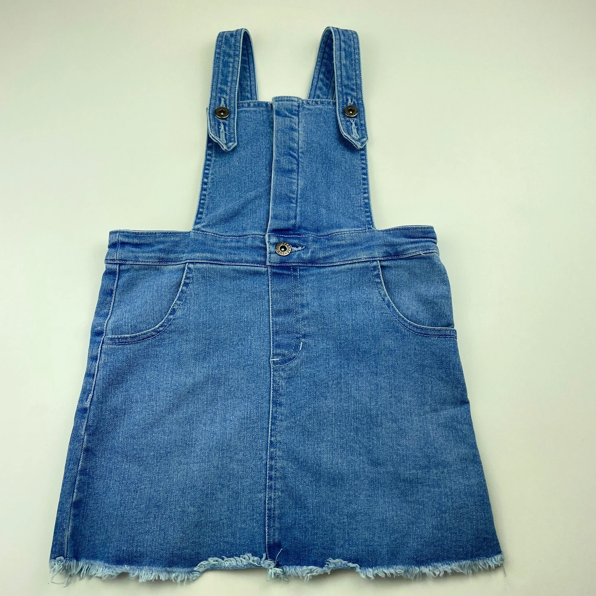 Bardot Junior blue stretch denim overalls dress / pinafore, small mark on front, size 5, Pre-loved