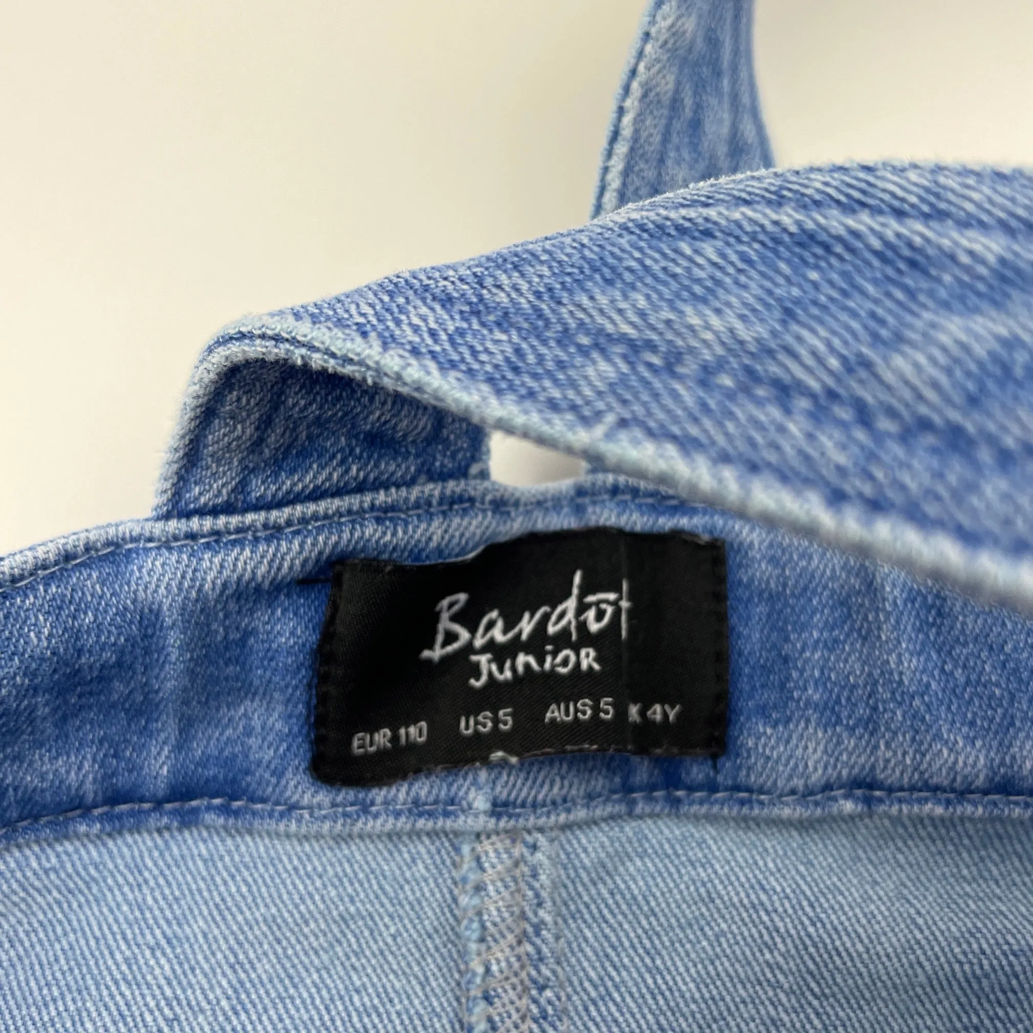 Bardot Junior blue stretch denim overalls dress / pinafore, small mark on front, size 5, Pre-loved