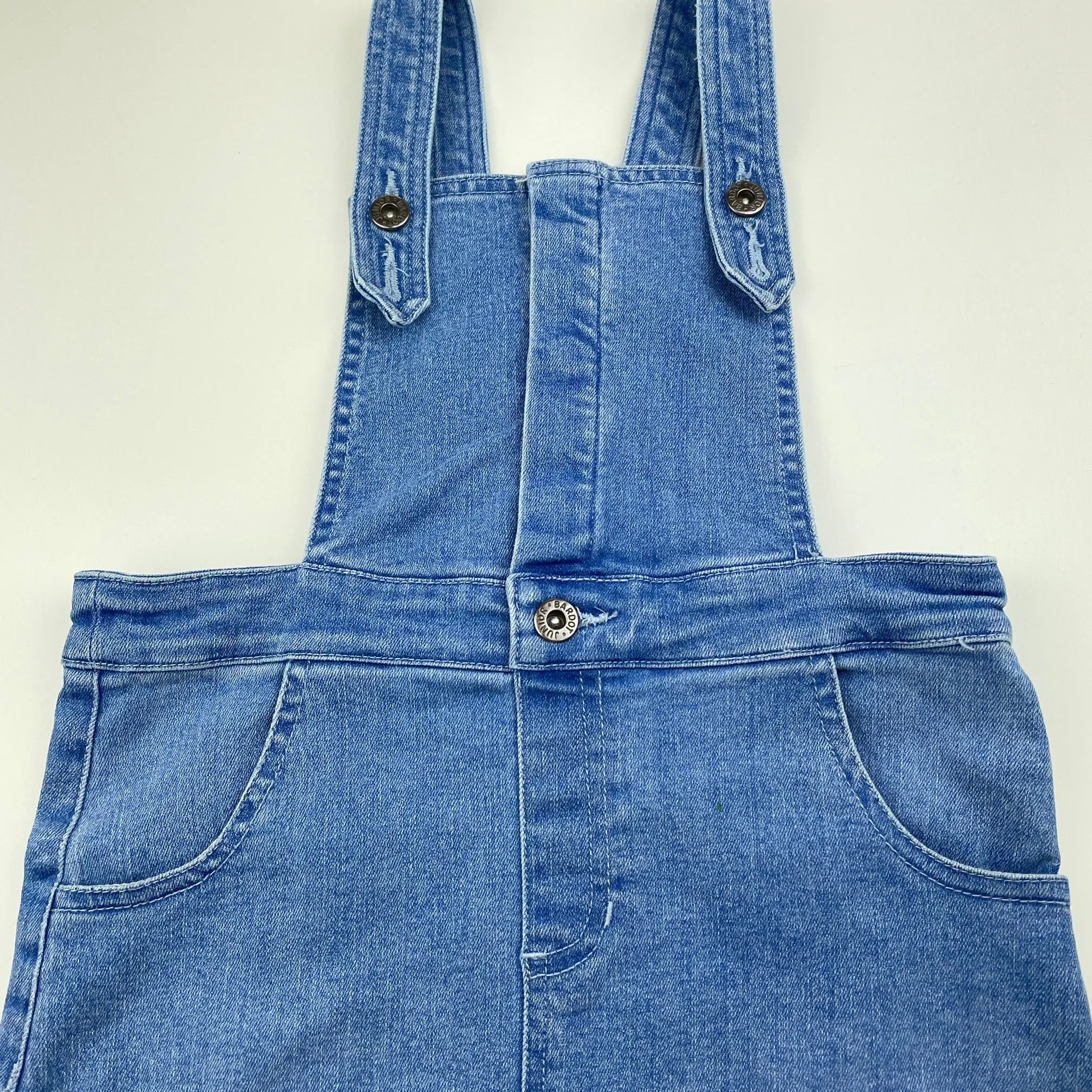 Bardot Junior blue stretch denim overalls dress / pinafore, small mark on front, size 5, Pre-loved