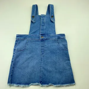 Bardot Junior blue stretch denim overalls dress / pinafore, small mark on front, size 5, Pre-loved