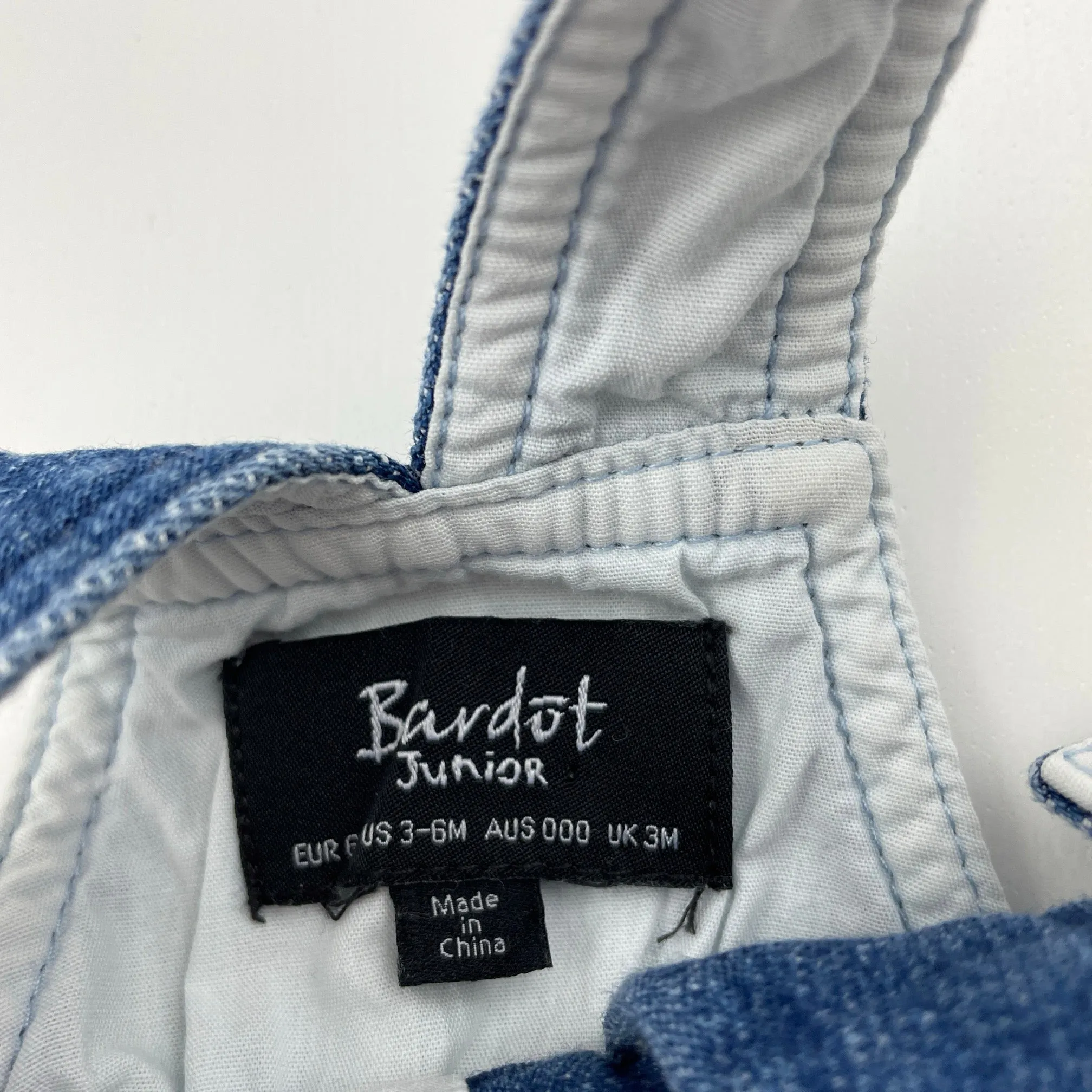 Bardot Junior stretchy knit denim overalls dress / pinafore, size 000, Pre-loved