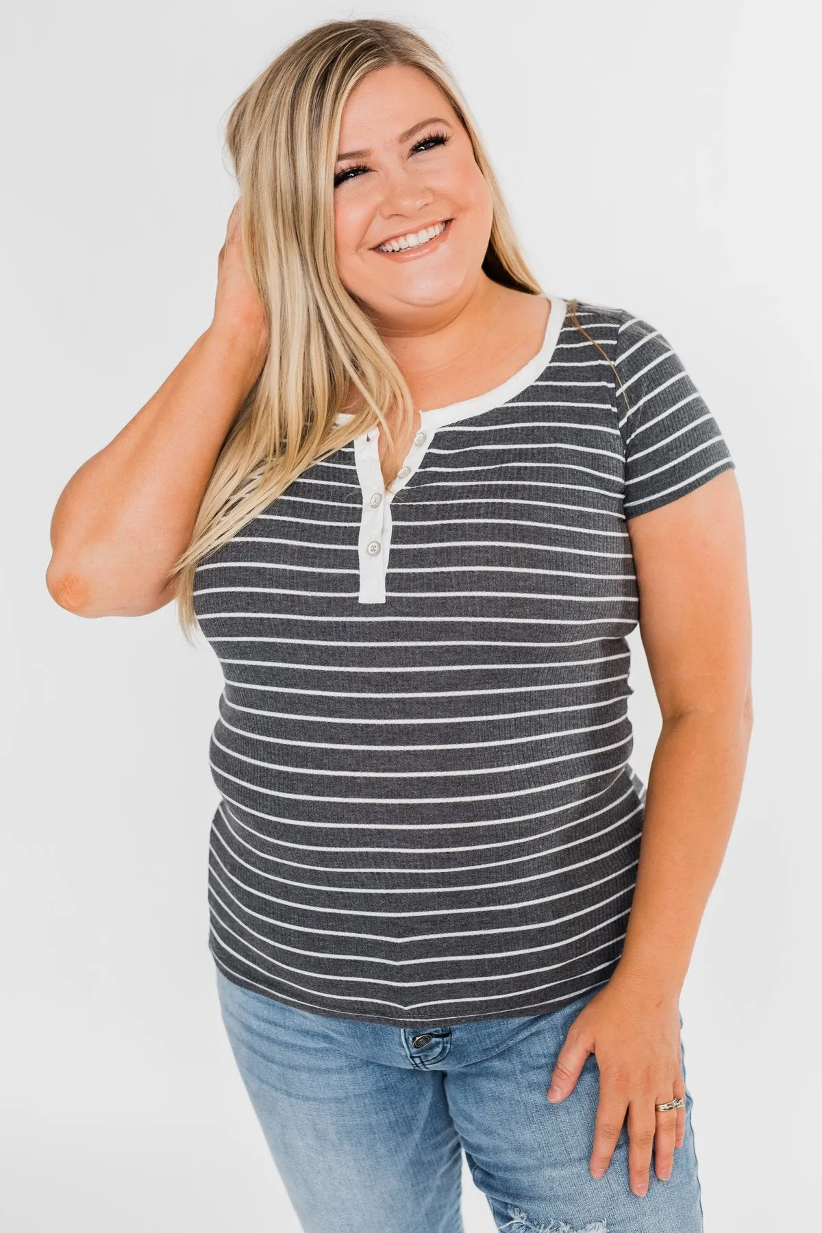 Basic Stripe 4 Button Top- Grey & Ivory