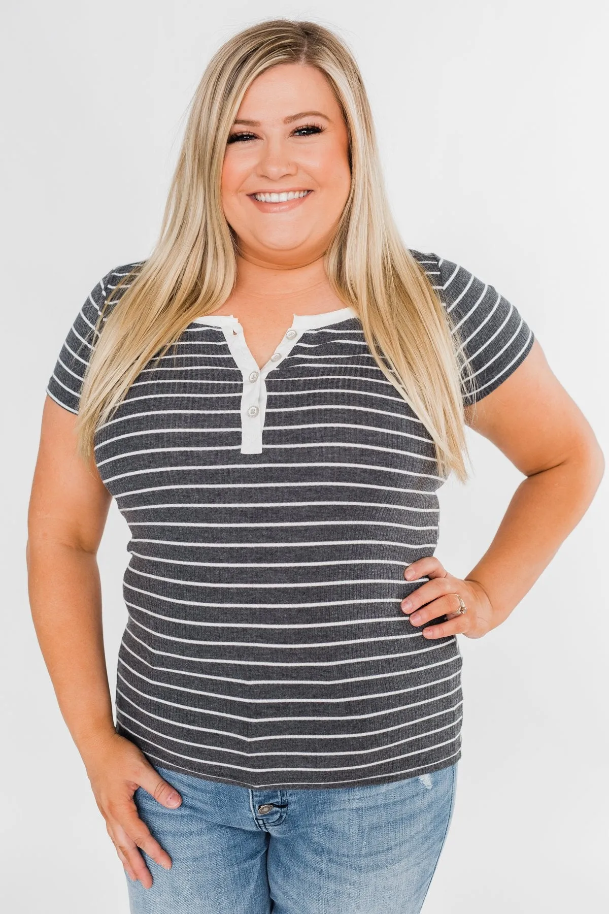 Basic Stripe 4 Button Top- Grey & Ivory