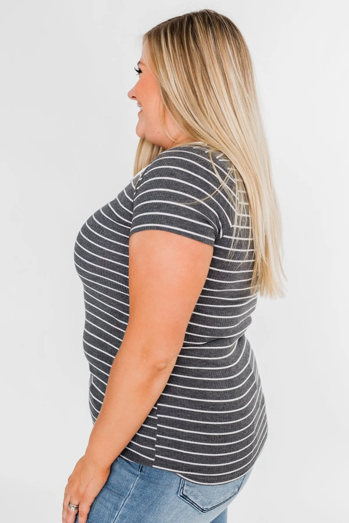 Basic Stripe 4 Button Top- Grey & Ivory