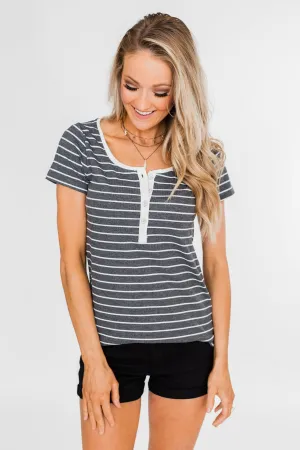 Basic Stripe 4 Button Top- Grey & Ivory
