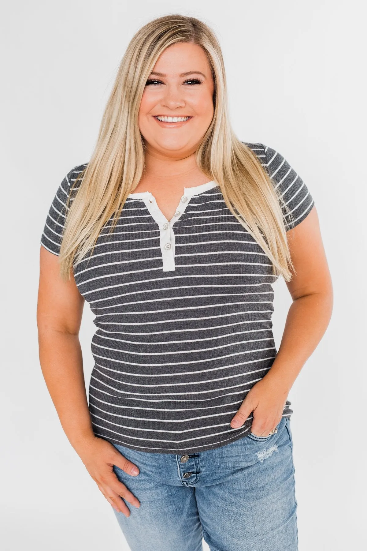 Basic Stripe 4 Button Top- Grey & Ivory