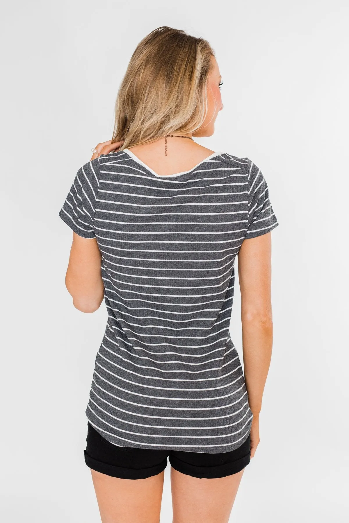 Basic Stripe 4 Button Top- Grey & Ivory