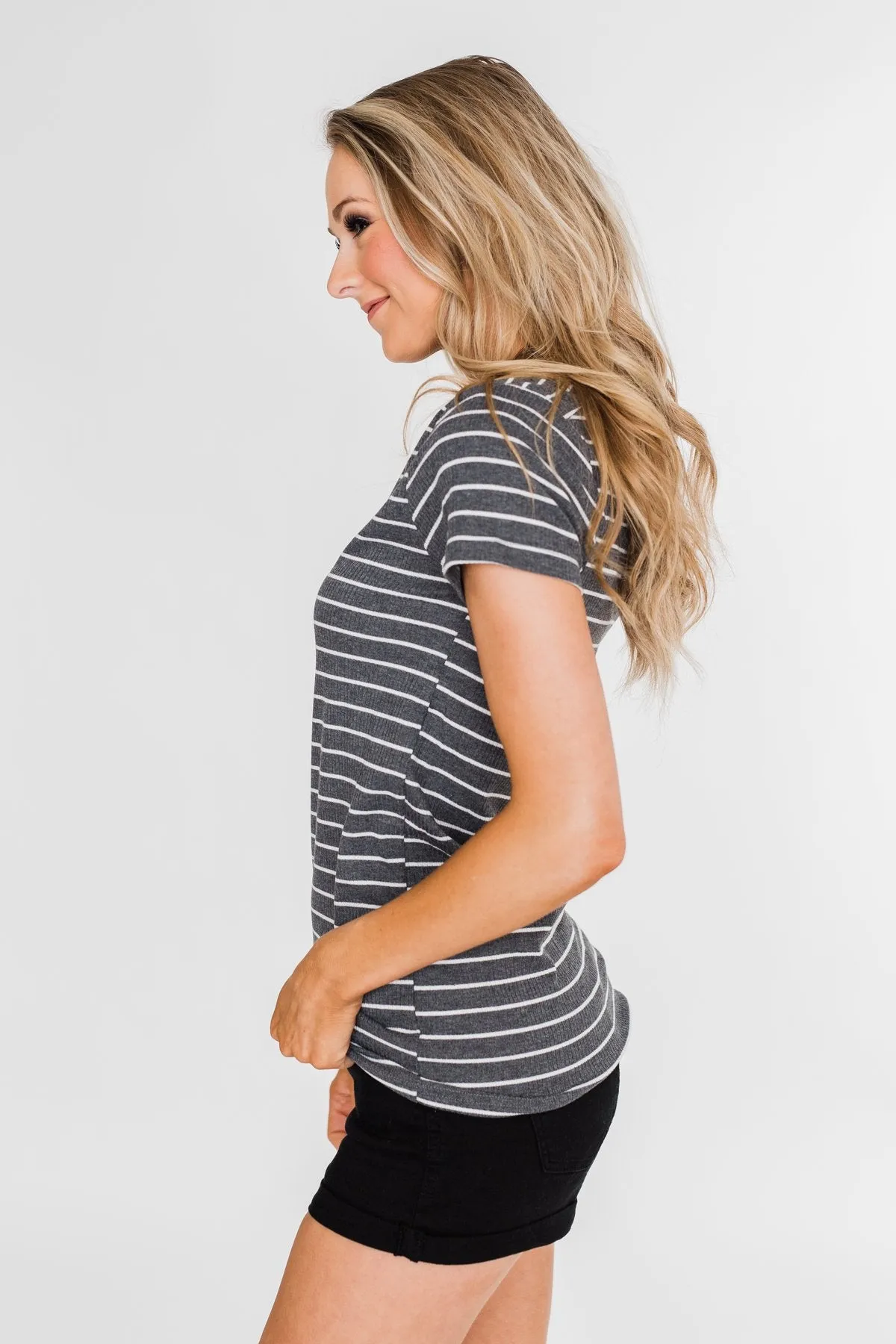 Basic Stripe 4 Button Top- Grey & Ivory