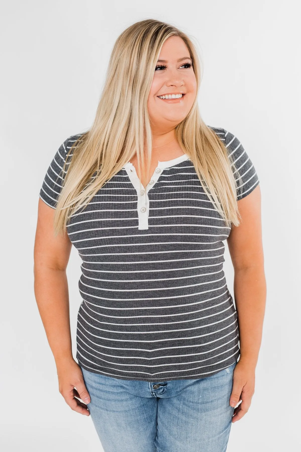 Basic Stripe 4 Button Top- Grey & Ivory