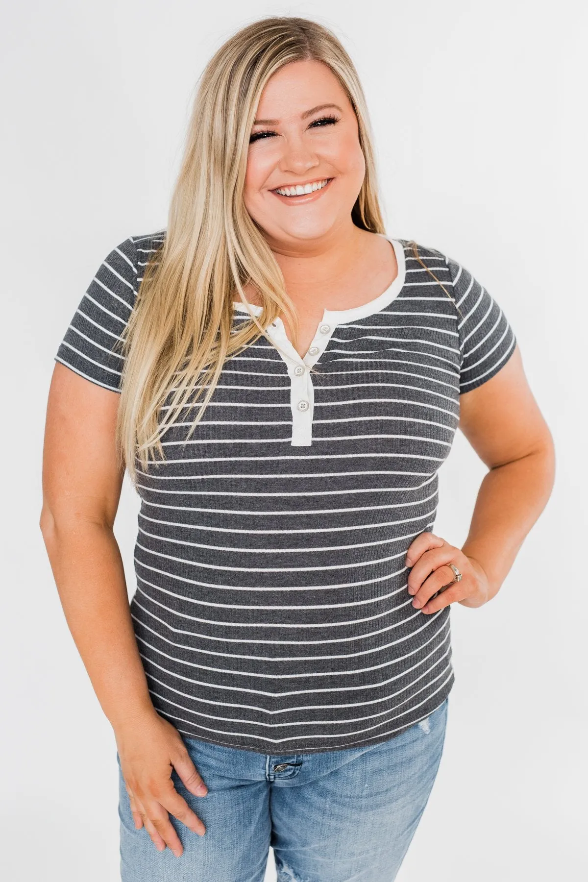 Basic Stripe 4 Button Top- Grey & Ivory