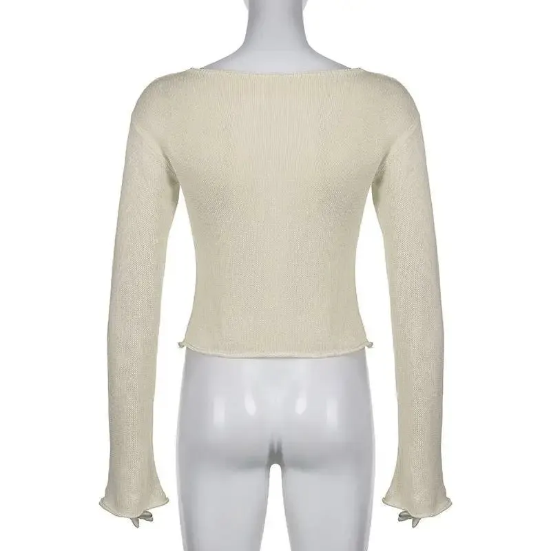 Beige Knitted Top with Star Embroidery and Wide Neckline