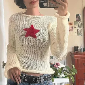 Beige Knitted Top with Star Embroidery and Wide Neckline