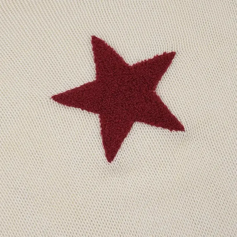 Beige Knitted Top with Star Embroidery and Wide Neckline