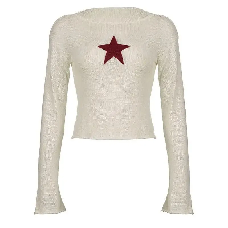 Beige Knitted Top with Star Embroidery and Wide Neckline