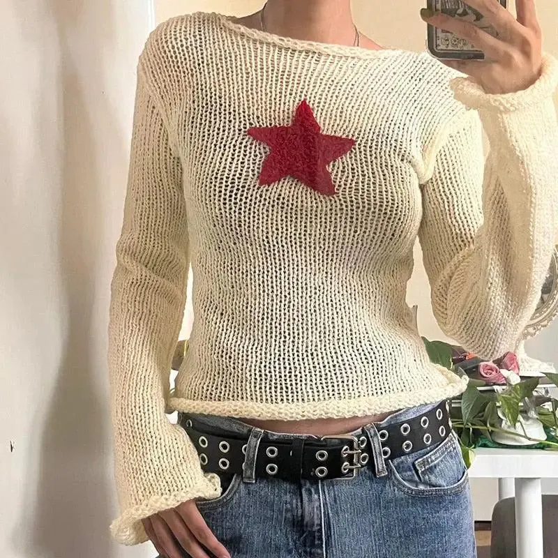 Beige Knitted Top with Star Embroidery and Wide Neckline