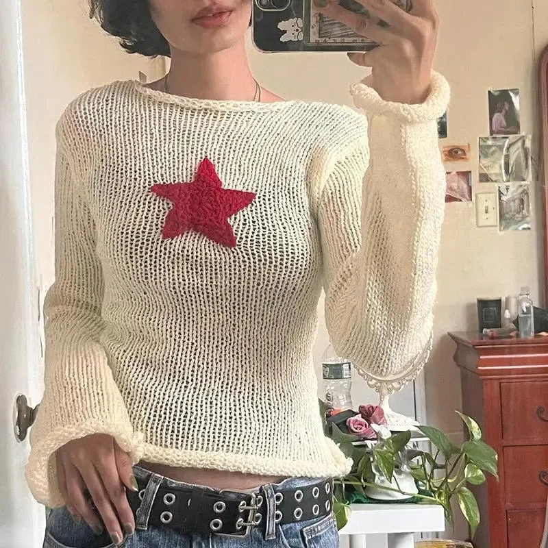 Beige Knitted Top with Star Embroidery and Wide Neckline