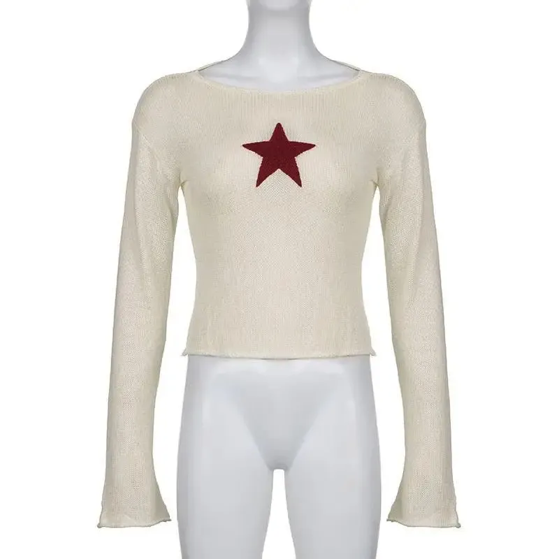 Beige Knitted Top with Star Embroidery and Wide Neckline