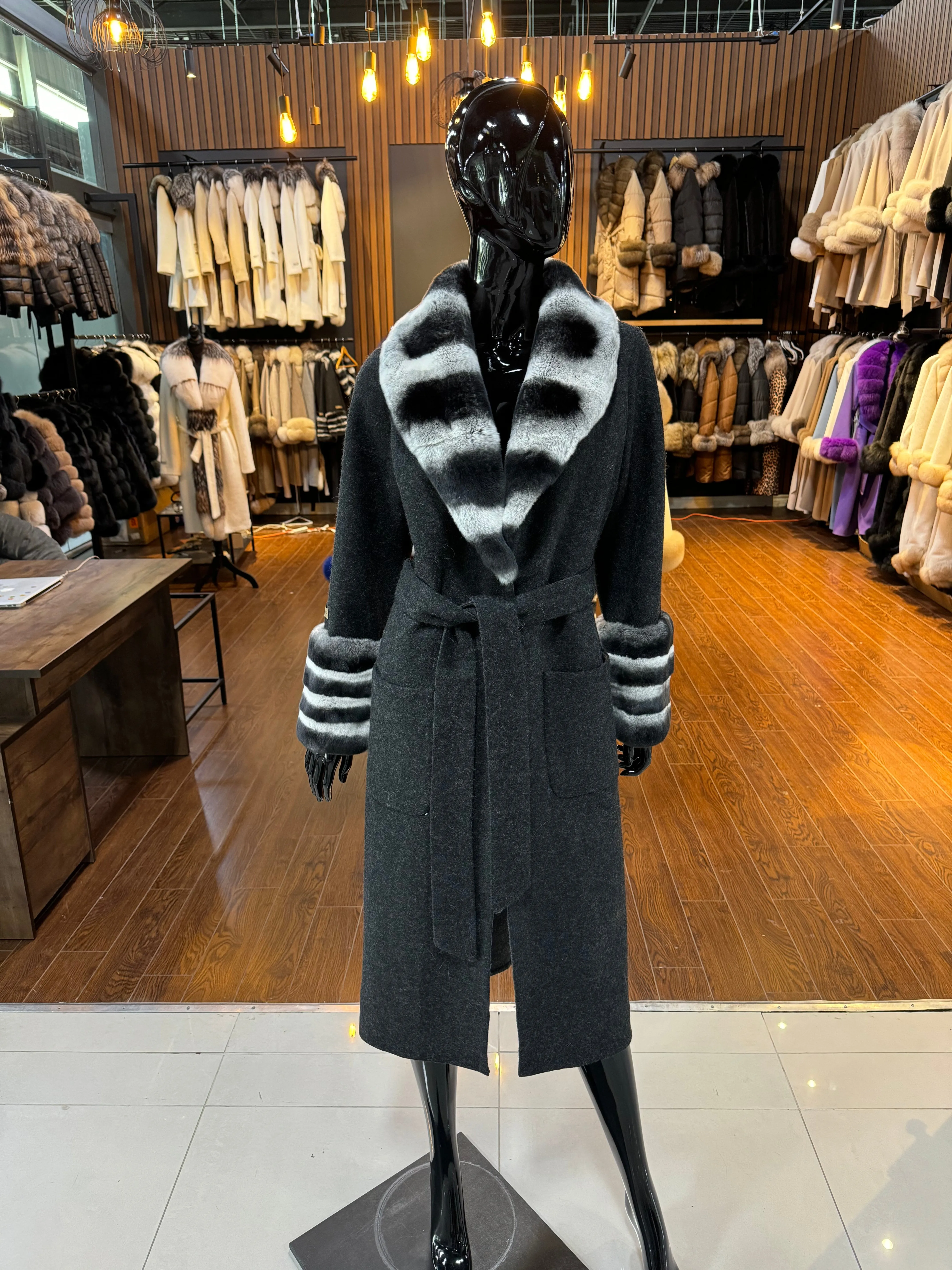 Black Real Alpaca Fabric and Real Rex Rabbit Fur Coat