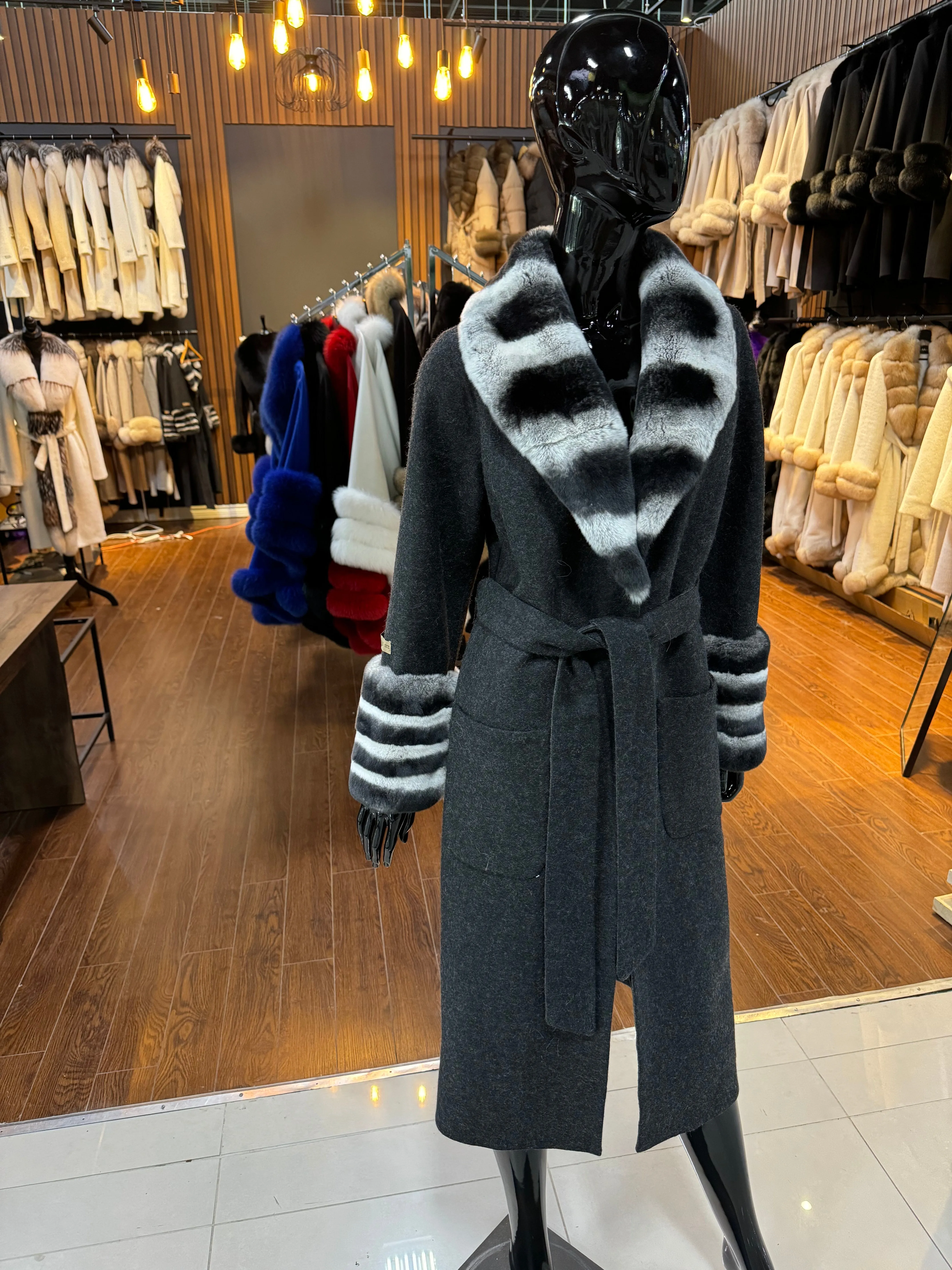 Black Real Alpaca Fabric and Real Rex Rabbit Fur Coat