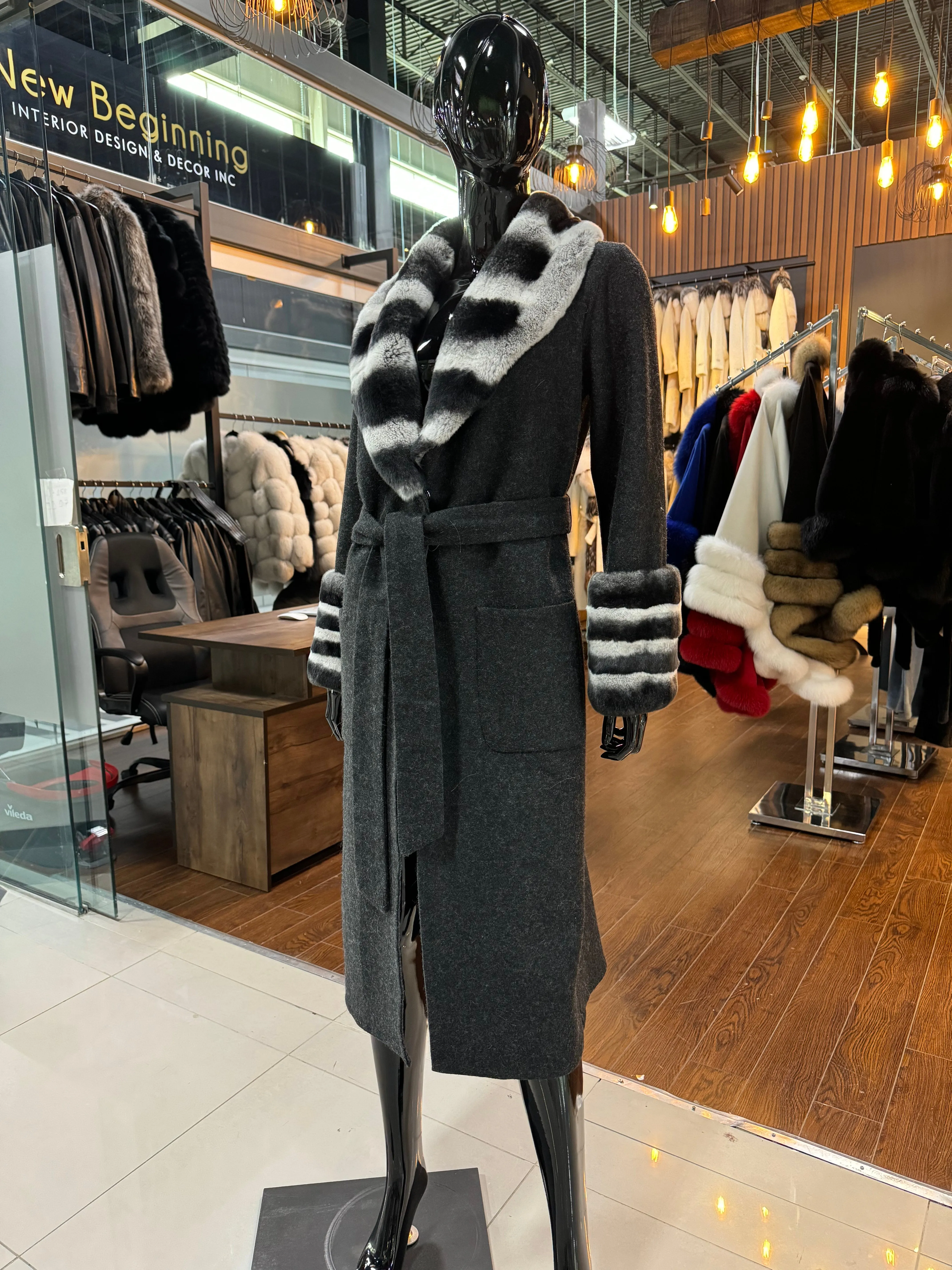 Black Real Alpaca Fabric and Real Rex Rabbit Fur Coat