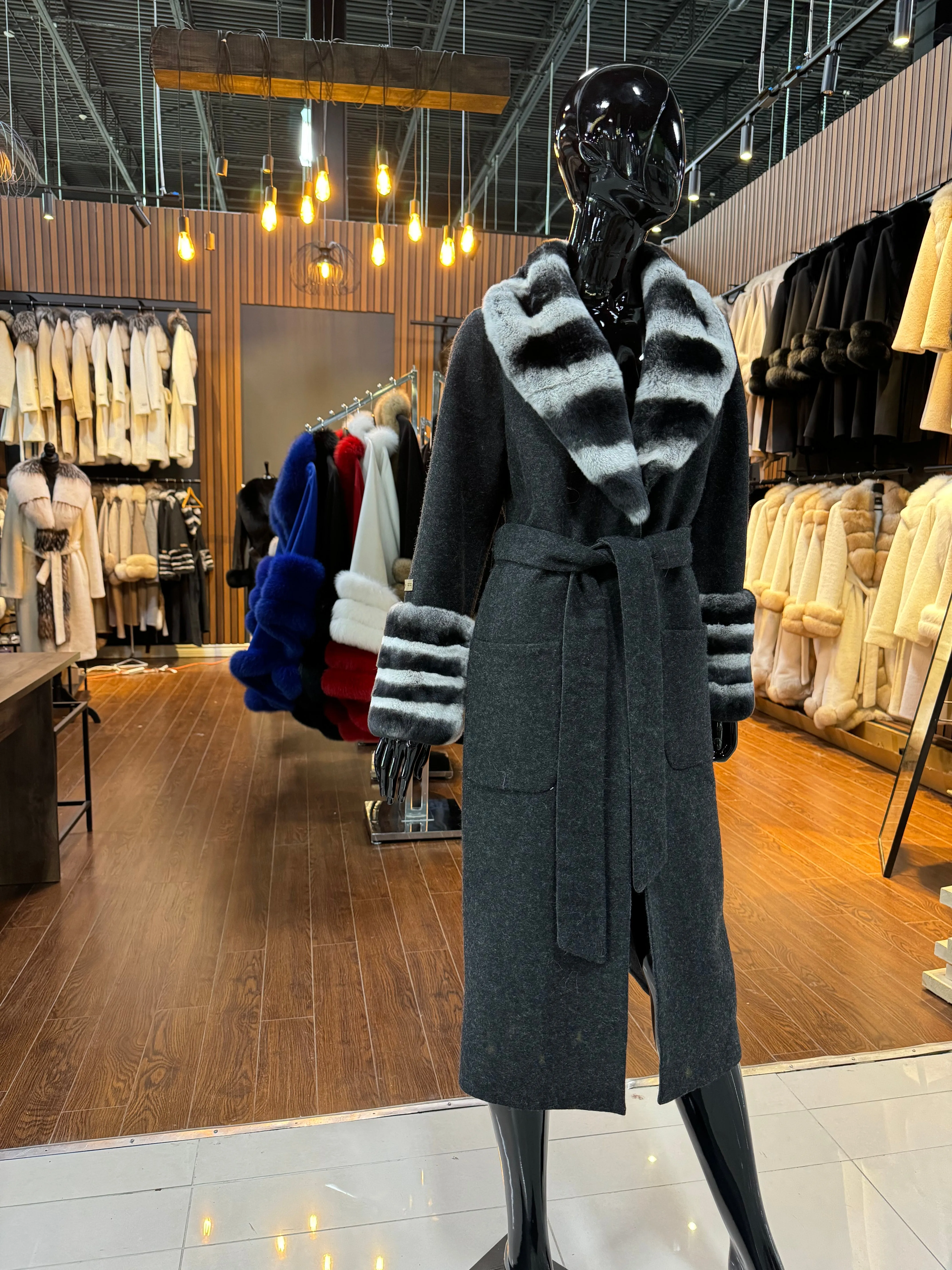 Black Real Alpaca Fabric and Real Rex Rabbit Fur Coat