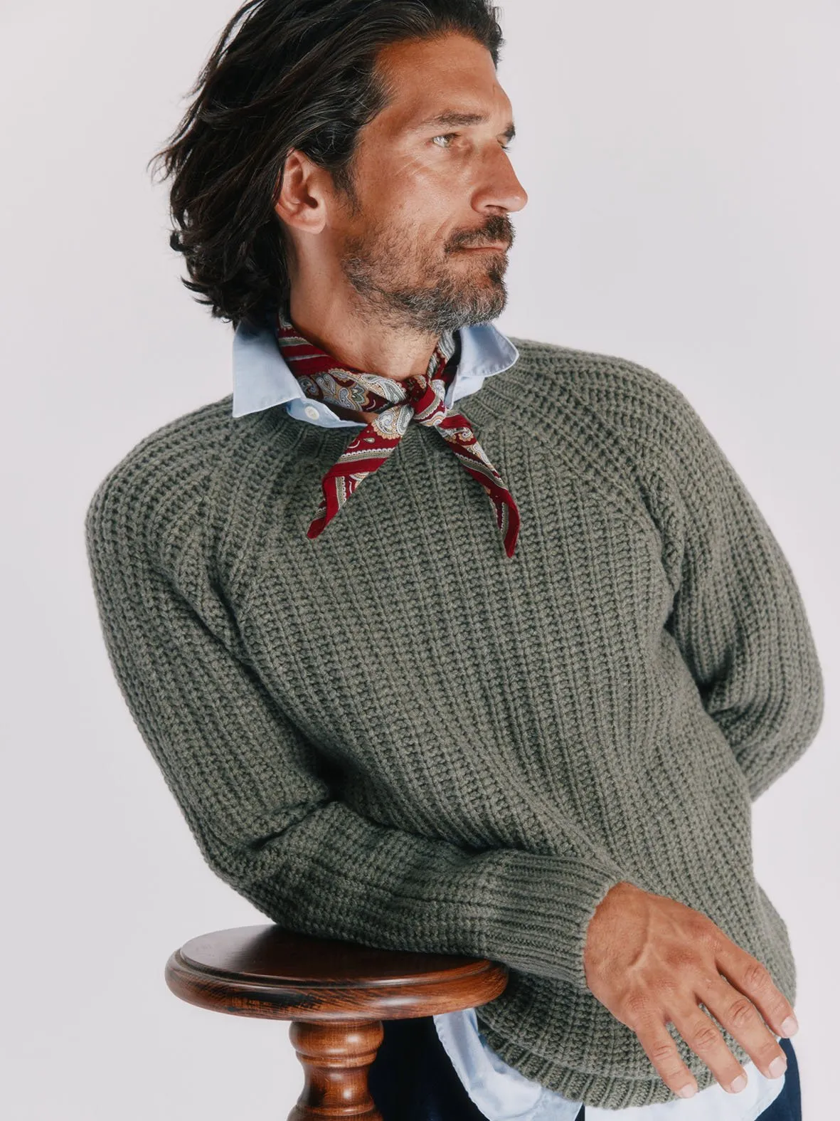 Blue Mogganer Fisherman Ribbed Raglan Chunky Geelong Sweater - Moss Green
