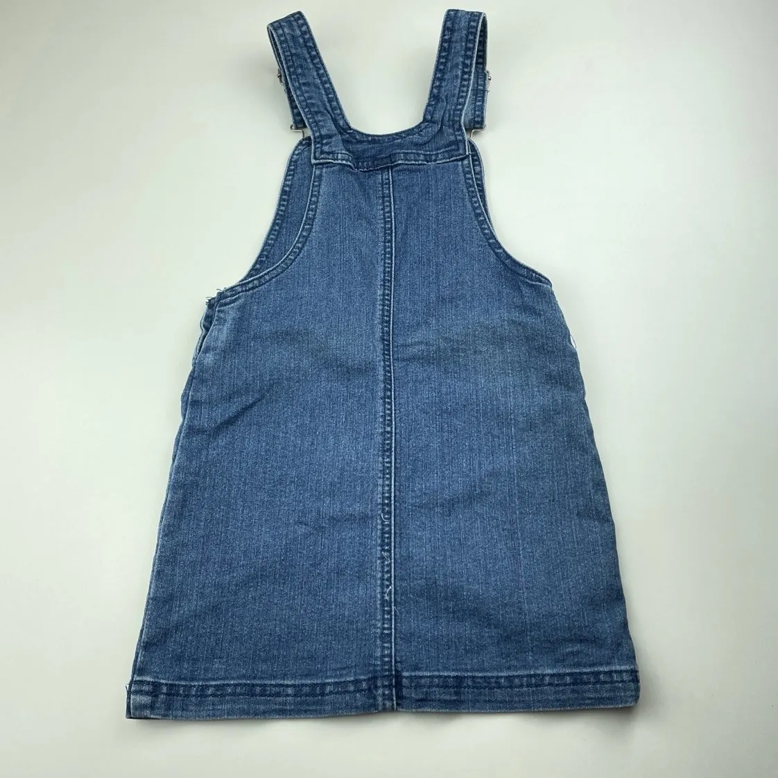blue stretch denim overalls dress / pinafore, size 5-6, Pre-loved