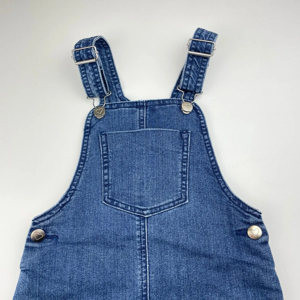 blue stretch denim overalls dress / pinafore, size 5-6, Pre-loved
