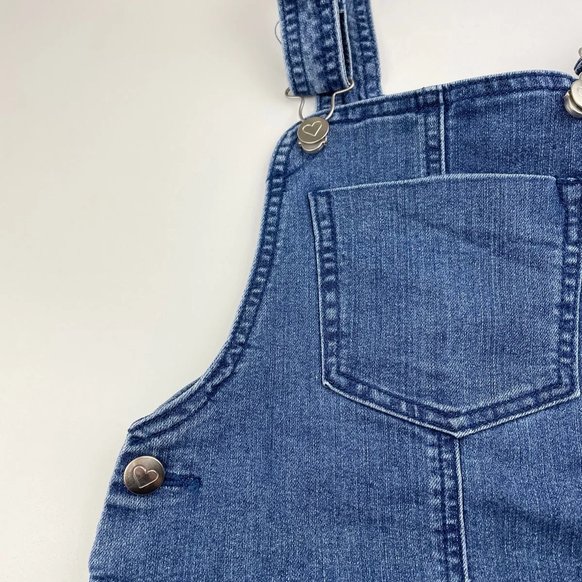 blue stretch denim overalls dress / pinafore, size 5-6, Pre-loved