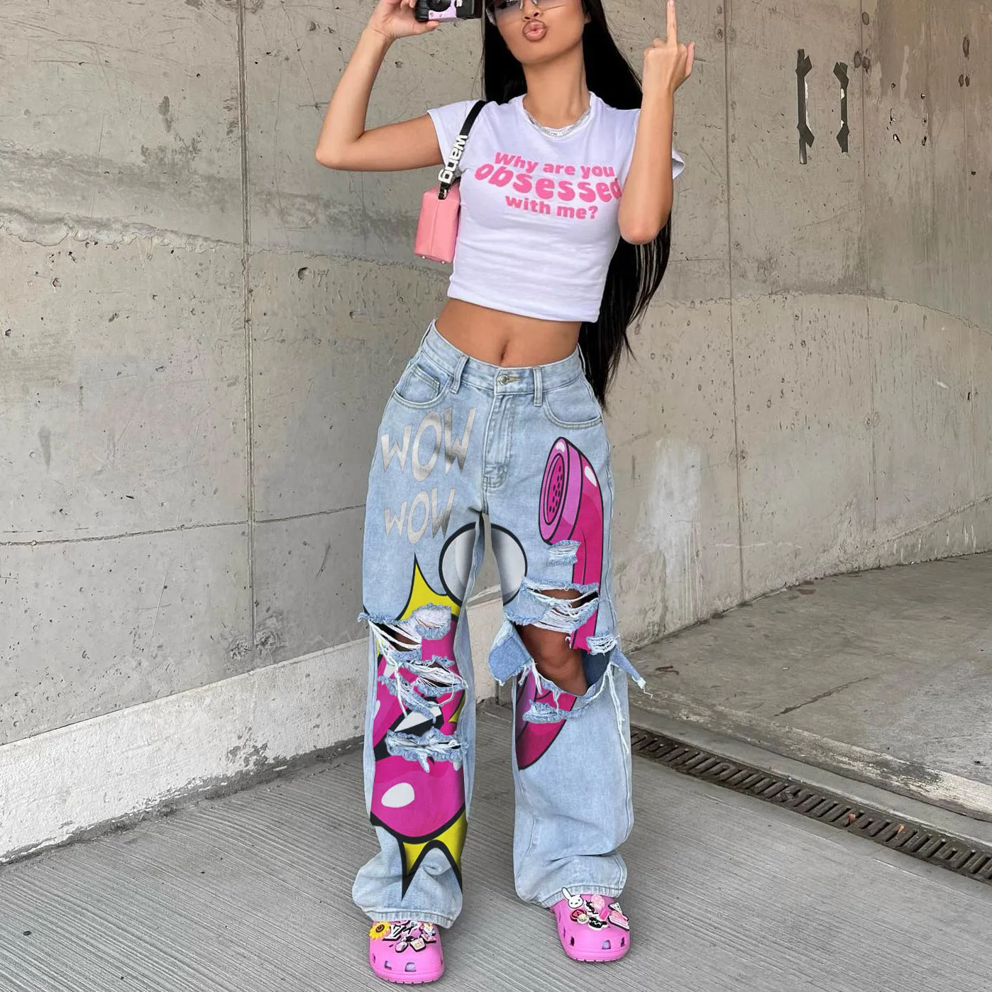 Bold and Relaxed Ripped Wide-Leg Statement Denim Pants