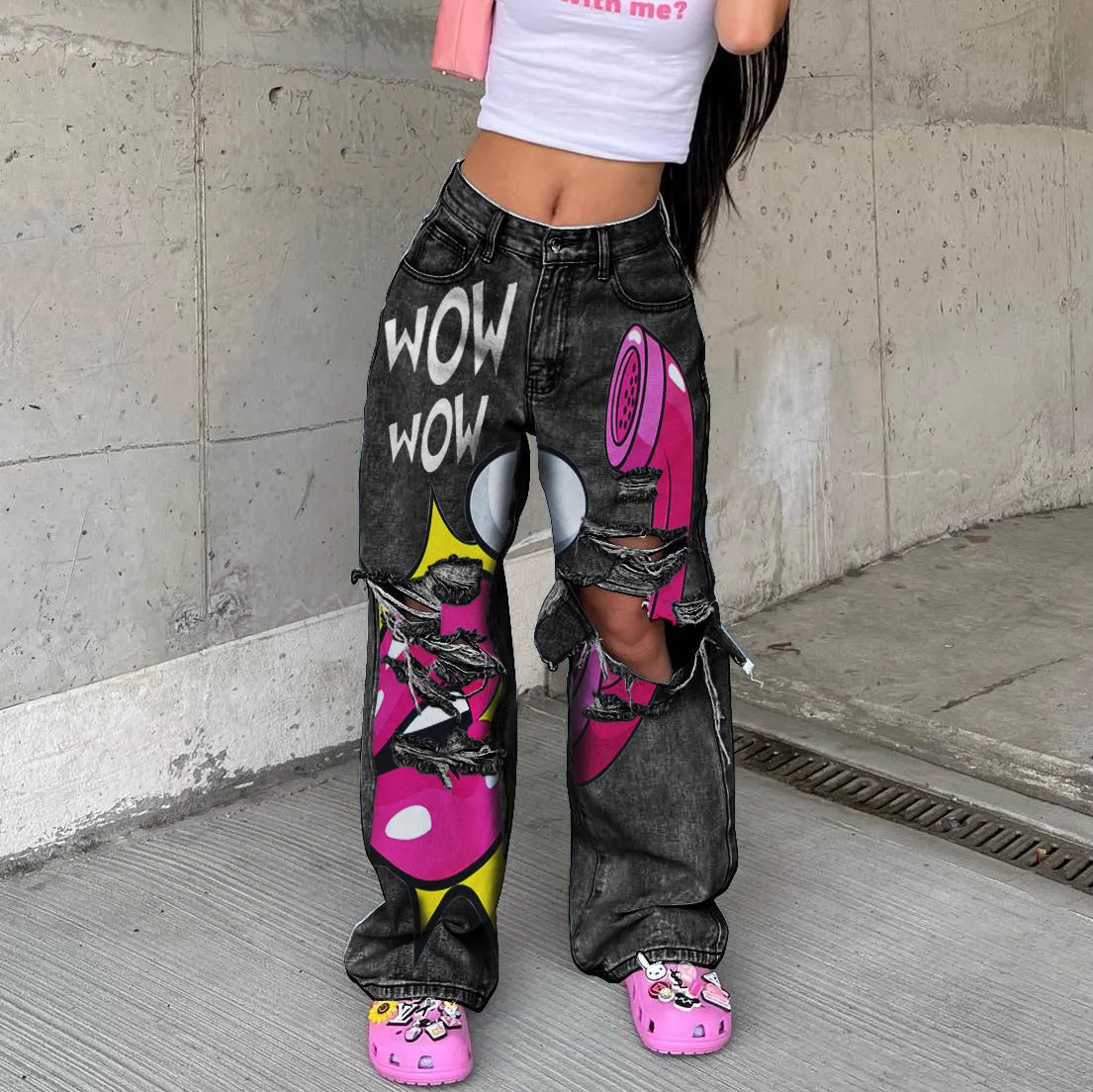 Bold and Relaxed Ripped Wide-Leg Statement Denim Pants