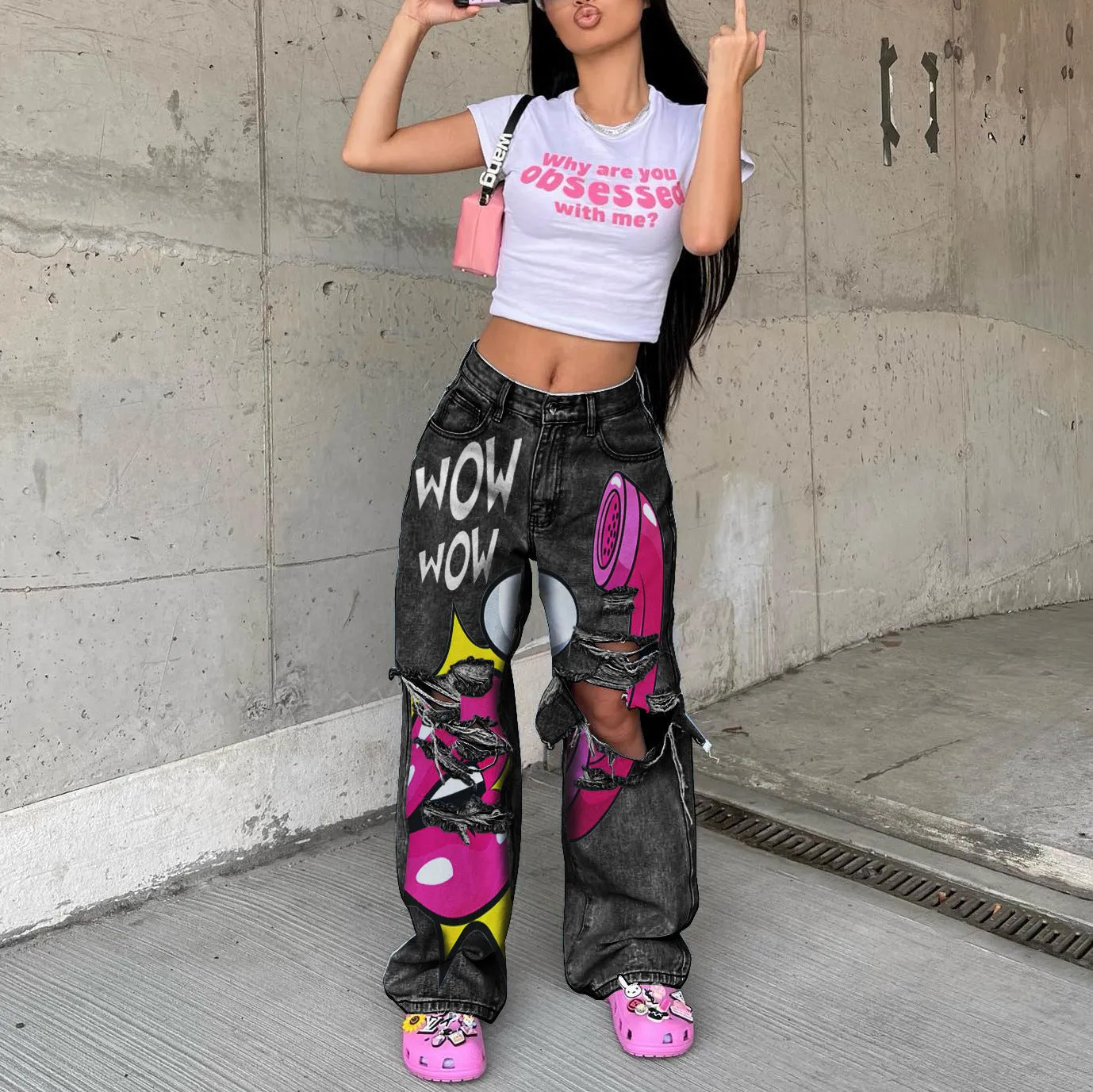 Bold and Relaxed Ripped Wide-Leg Statement Denim Pants