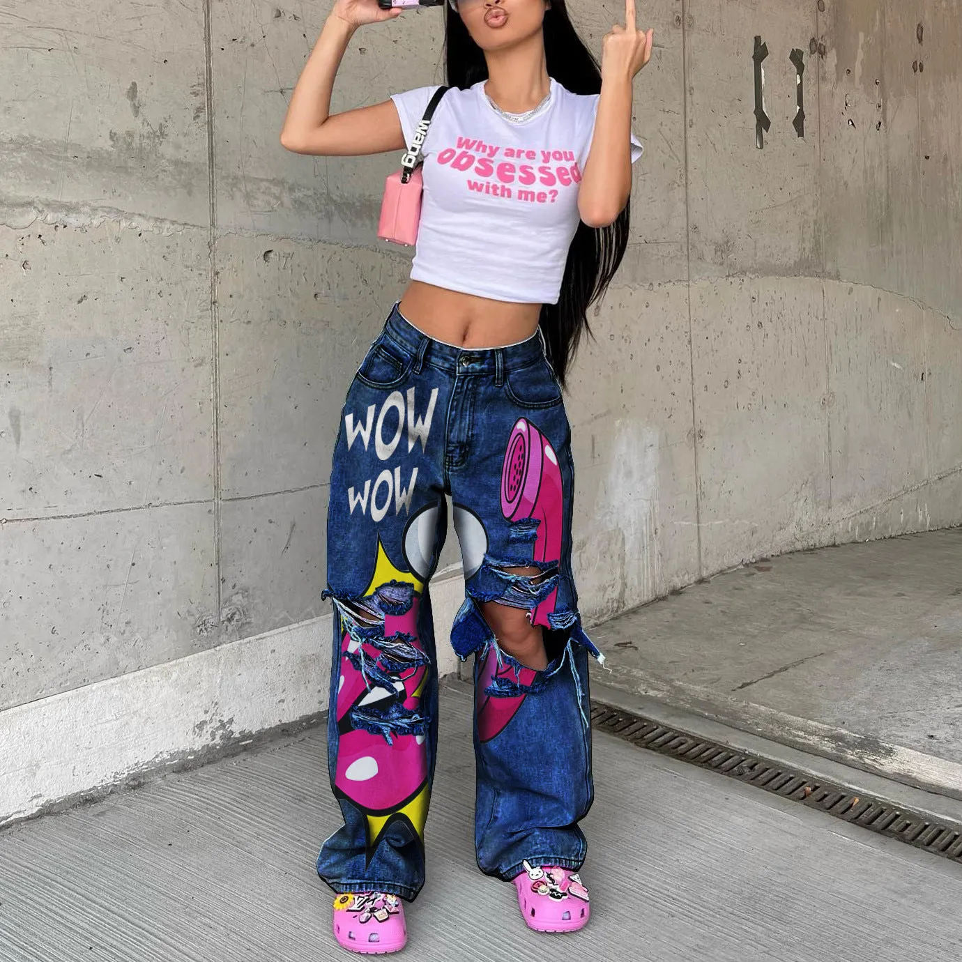 Bold and Relaxed Ripped Wide-Leg Statement Denim Pants