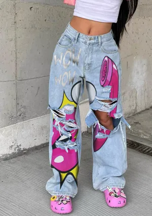 Bold and Relaxed Ripped Wide-Leg Statement Denim Pants