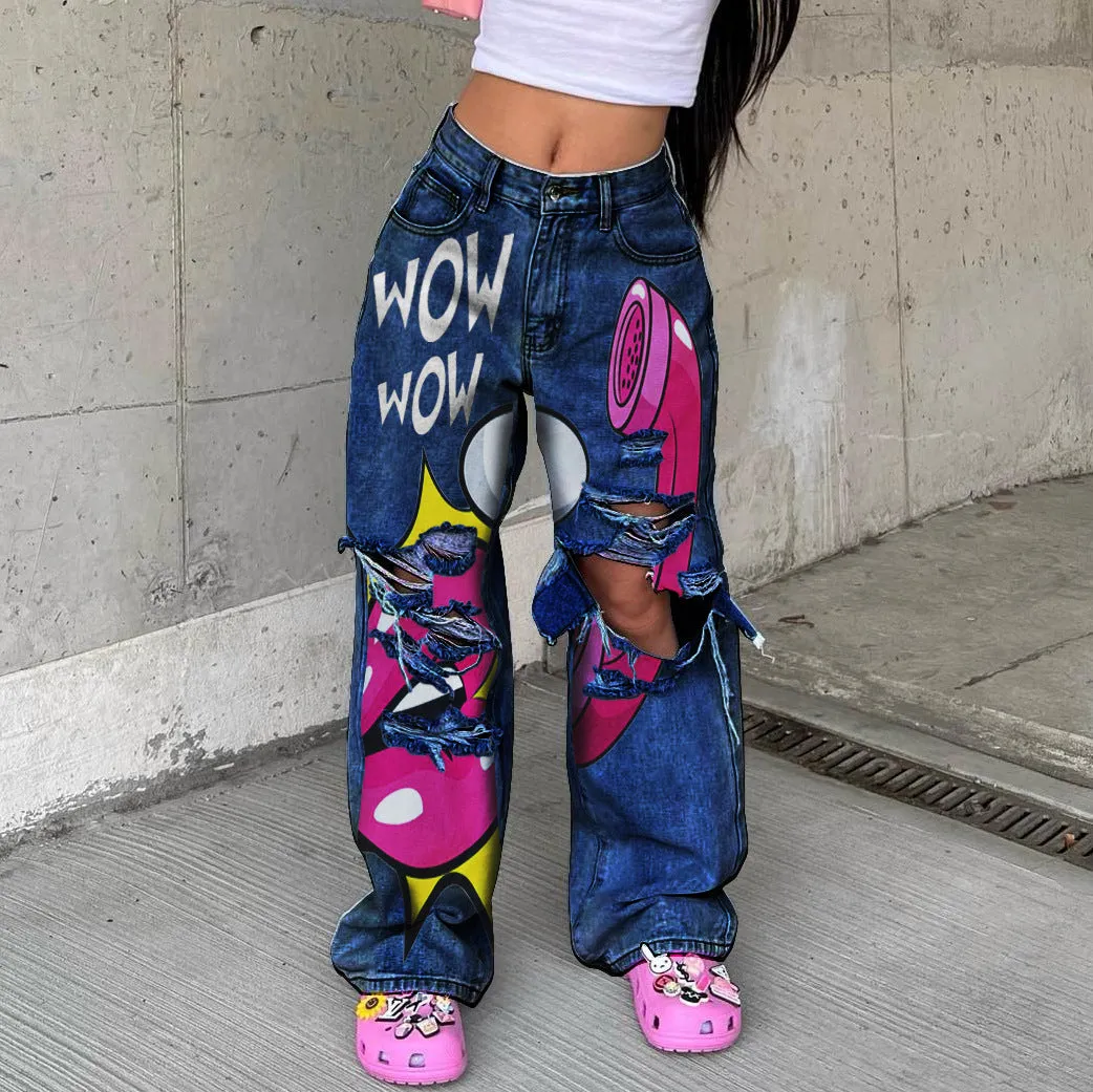 Bold and Relaxed Ripped Wide-Leg Statement Denim Pants