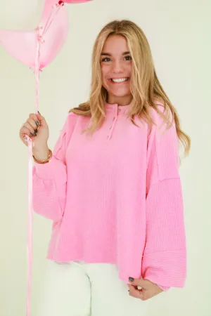 Candy Kisses Ribbed Henley in Pink