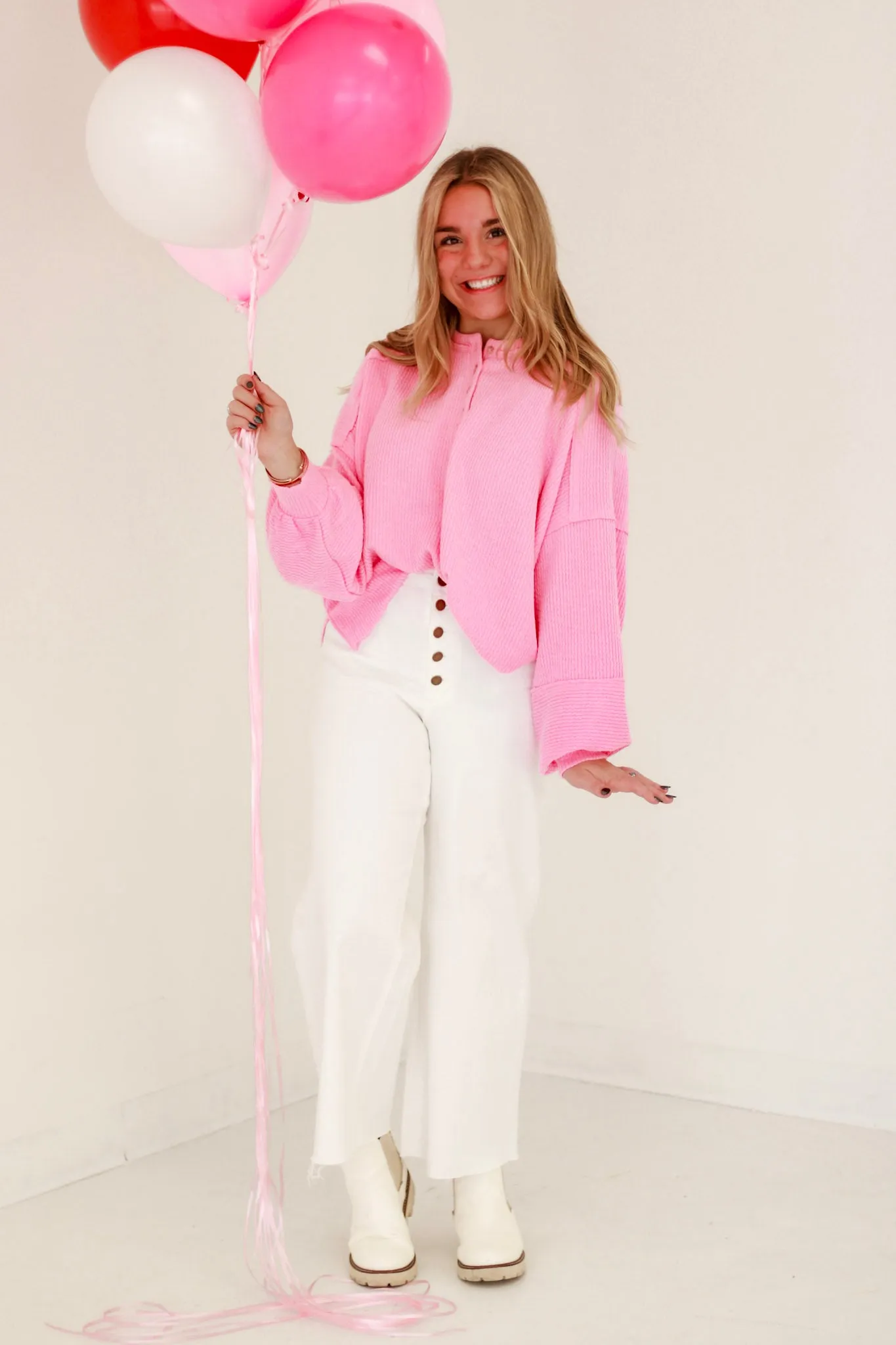 Candy Kisses Ribbed Henley in Pink