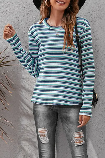Casual Striped Split Joint Basic O Neck Tops