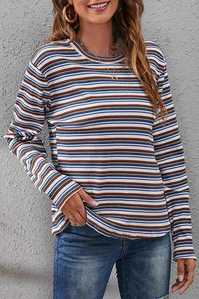 Casual Striped Split Joint Basic O Neck Tops