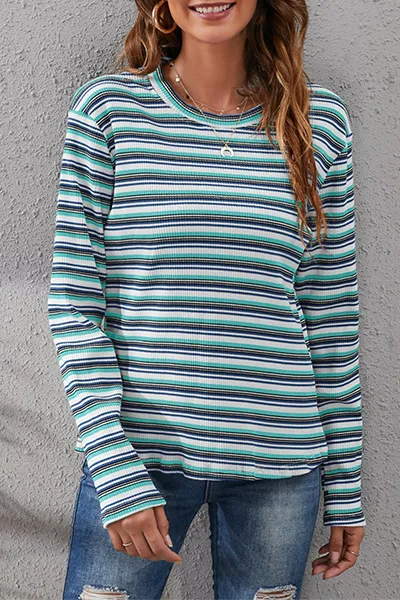 Casual Striped Split Joint Basic O Neck Tops