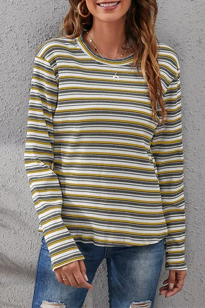 Casual Striped Split Joint Basic O Neck Tops