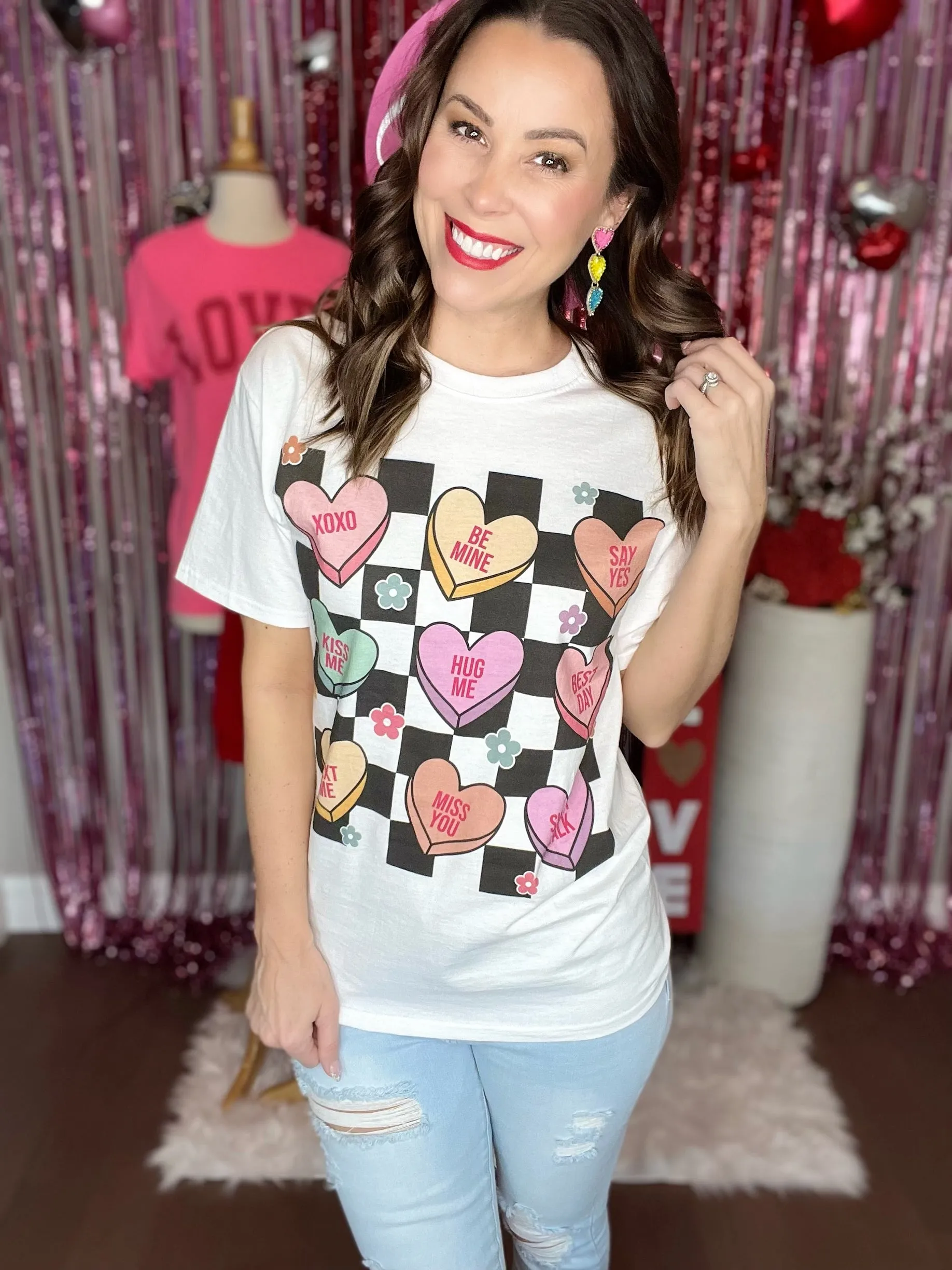 Checkerboard Conversation Hearts Graphic T-Shirt