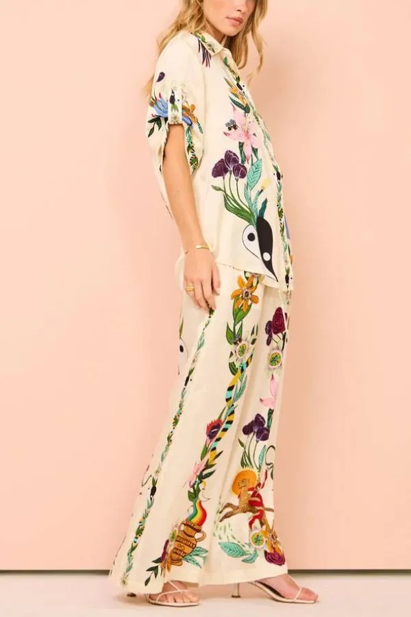 CLAIRE SATIN UNIQUE PRINT ELASTIC WAIST POCKETED WIDE LEG PANTS