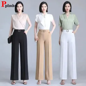 Classic High Waist Wide Leg Pants Office Lady Loose Thin Black Trousers  New Formal Chic Pants