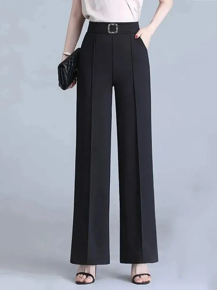 Classic High Waist Wide Leg Pants Office Lady Loose Thin Black Trousers  New Formal Chic Pants
