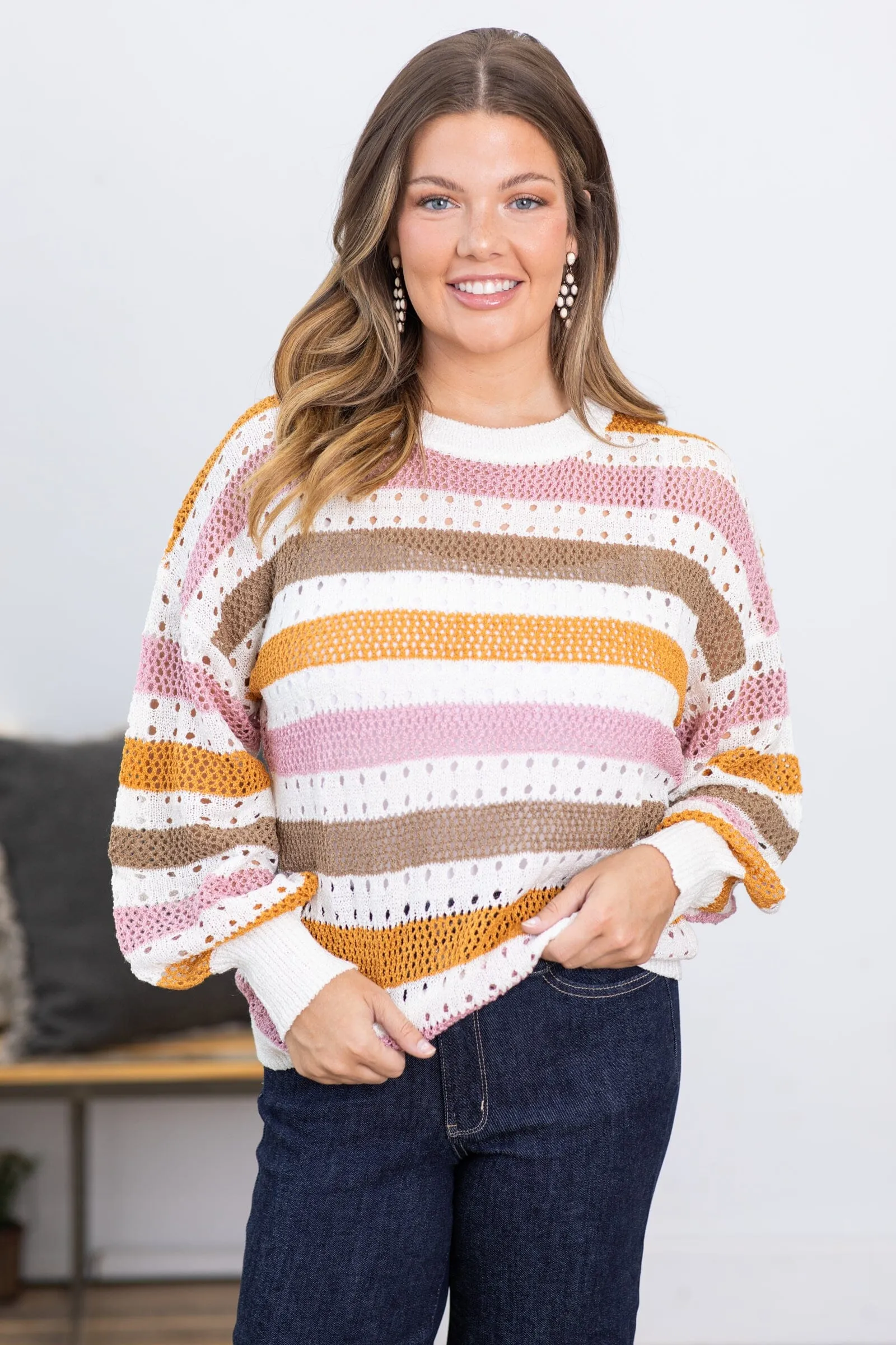 Copper and Blush Stripe Open Knit Sweater